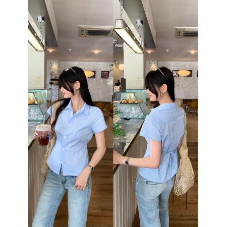 BY12323# 学院风韩系蓝色条纹短袖衬衫女夏新款设计感收腰系带上衣 服裝批發女裝批發服飾貨源