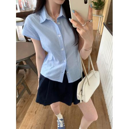 BY12323# 学院风韩系蓝色条纹短袖衬衫女夏新款设计感收腰系带上衣 服裝批發女裝批發服飾貨源