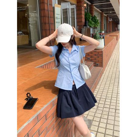 BY12323# 学院风韩系蓝色条纹短袖衬衫女夏新款设计感收腰系带上衣 服裝批發女裝批發服飾貨源