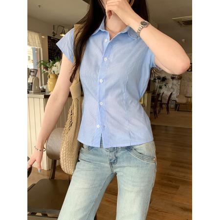 BY12323# 学院风韩系蓝色条纹短袖衬衫女夏新款设计感收腰系带上衣 服裝批發女裝批發服飾貨源