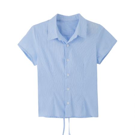 BY12323# 学院风韩系蓝色条纹短袖衬衫女夏新款设计感收腰系带上衣 服裝批發女裝批發服飾貨源