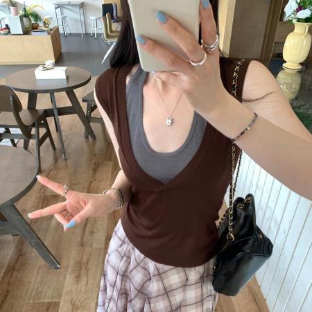 BY12324# 图御姐轻熟风挂脖系带假两件上衣女夏新款无袖V领针织衫背心 服裝批發女裝批發服飾貨源