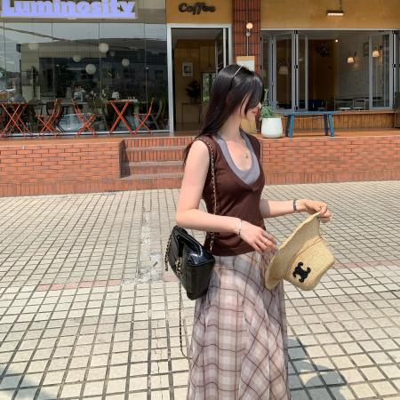 BY12324# 图御姐轻熟风挂脖系带假两件上衣女夏新款无袖V领针织衫背心 服裝批發女裝批發服飾貨源