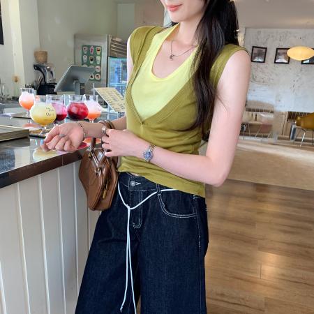 BY12324# 图御姐轻熟风挂脖系带假两件上衣女夏新款无袖V领针织衫背心 服裝批發女裝批發服飾貨源