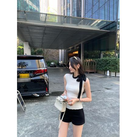 BY12325# 图韩系温柔撞色系带无袖针织背心女夏新款设计感修身显瘦上衣 服裝批發女裝批發服飾貨源