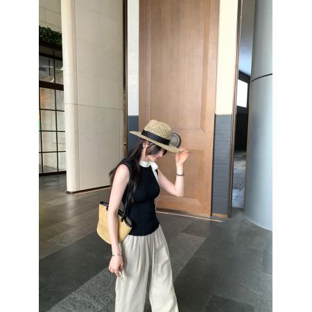 BY12325# 图韩系温柔撞色系带无袖针织背心女夏新款设计感修身显瘦上衣 服裝批發女裝批發服飾貨源