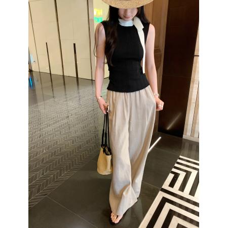 BY12325# 图韩系温柔撞色系带无袖针织背心女夏新款设计感修身显瘦上衣 服裝批發女裝批發服飾貨源