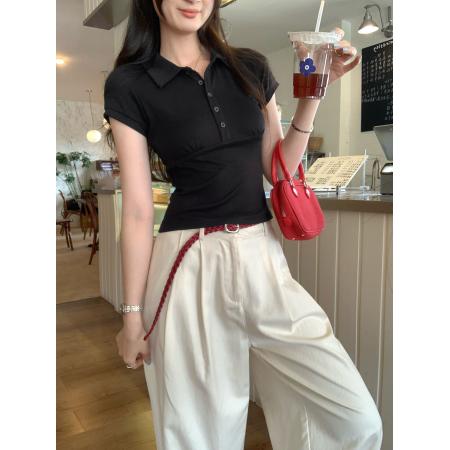 BY12326# 图超火减龄POLO领正肩短袖T恤女夏季新款辣妹修身短款上衣 服裝批發女裝批發服飾貨源