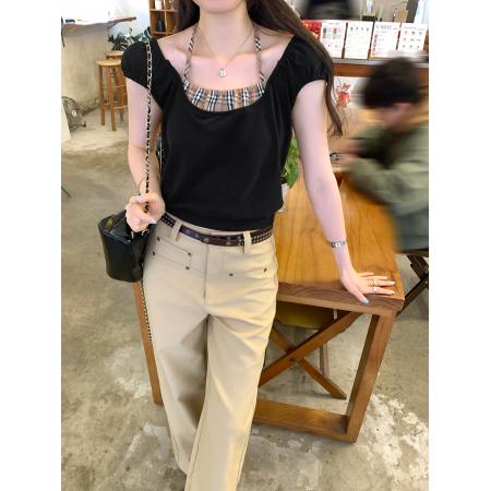 BY12327# 图今年高级漂亮格纹拼接假两件挂脖短袖T恤女夏单穿上衣 服裝批發女裝批發服飾貨源