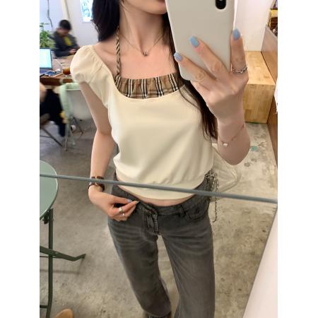 BY12327# 图今年高级漂亮格纹拼接假两件挂脖短袖T恤女夏单穿上衣 服裝批發女裝批發服飾貨源