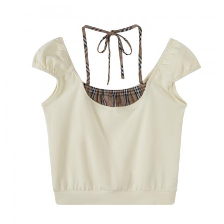 BY12327# 图今年高级漂亮格纹拼接假两件挂脖短袖T恤女夏单穿上衣 服裝批發女裝批發服飾貨源