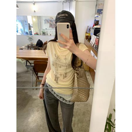 BY12328# 图莱赛尔天丝黄色荡领印花短袖T恤女夏新款韩系漂亮上衣 服裝批發女裝批發服飾貨源