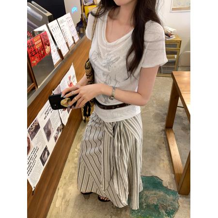 BY12328# 图莱赛尔天丝黄色荡领印花短袖T恤女夏新款韩系漂亮上衣 服裝批發女裝批發服飾貨源