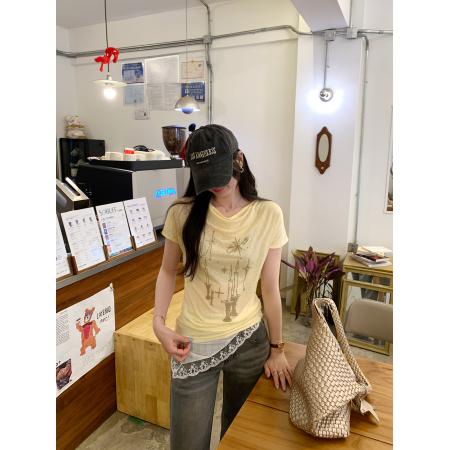 BY12328# 图莱赛尔天丝黄色荡领印花短袖T恤女夏新款韩系漂亮上衣 服裝批發女裝批發服飾貨源