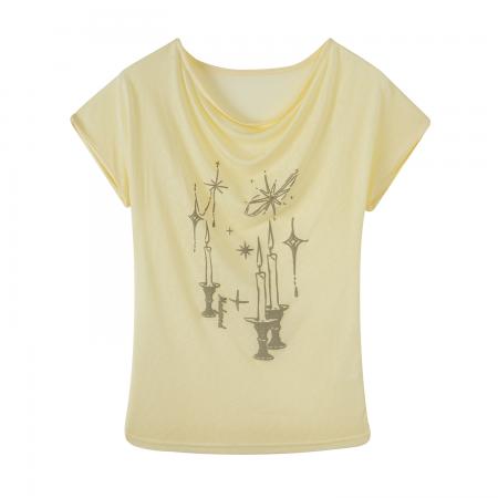 BY12328# 图莱赛尔天丝黄色荡领印花短袖T恤女夏新款韩系漂亮上衣 服裝批發女裝批發服飾貨源