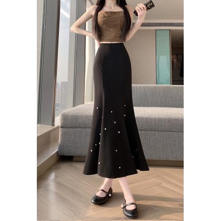 BY12329# 复古半身裙女高腰显瘦中长款包臀鱼尾裙钉珠荷叶裙开叉一步裙 服裝批發女裝批發服飾貨源