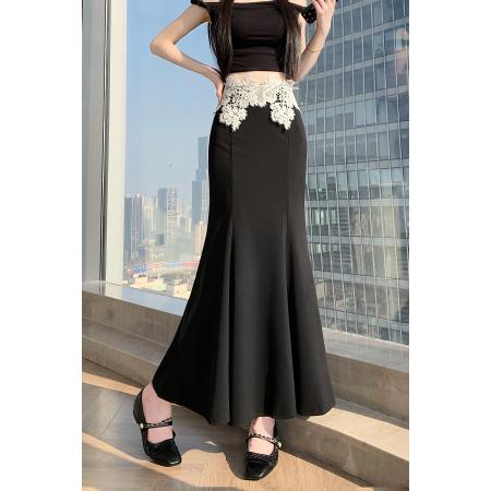 BY12330# 中长款荷叶半身裙女高腰设计感蕾丝花边半身裙显瘦包臀鱼尾裙 服裝批發女裝批發服飾貨源