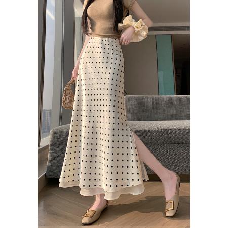 BY12331# 春夏新款醋酸缎面流光波点半身裙松紧腰开叉拼纱a字长裙 服裝批發女裝批發服飾貨源