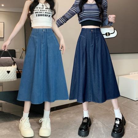 BY12332# 复古牛仔半身裙女春季新款高腰中长裙大摆压褶A字裙气质伞裙 服裝批發女裝批發服飾貨源