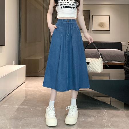 BY12332# 复古牛仔半身裙女春季新款高腰中长裙大摆压褶A字裙气质伞裙 服裝批發女裝批發服飾貨源