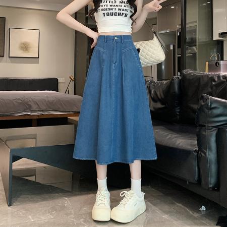 BY12332# 复古牛仔半身裙女春季新款高腰中长裙大摆压褶A字裙气质伞裙 服裝批發女裝批發服飾貨源