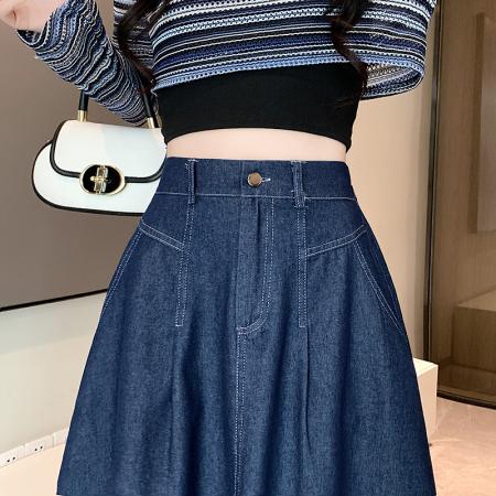 BY12332# 复古牛仔半身裙女春季新款高腰中长裙大摆压褶A字裙气质伞裙 服裝批發女裝批發服飾貨源