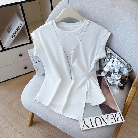 BY12334# 夏季新款无袖甜酷辣妹风性感无袖珍珠链条设计感小众短款上衣 服裝批發女裝批發服飾貨源