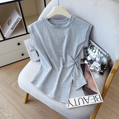 BY12334# 夏季新款无袖甜酷辣妹风性感无袖珍珠链条设计感小众短款上衣 服裝批發女裝批發服飾貨源