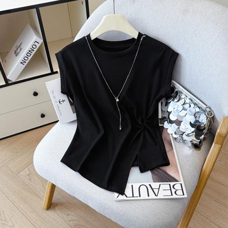 BY12334# 夏季新款无袖甜酷辣妹风性感无袖珍珠链条设计感小众短款上衣 服裝批發女裝批發服飾貨源