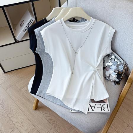 BY12334# 夏季新款无袖甜酷辣妹风性感无袖珍珠链条设计感小众短款上衣 服裝批發女裝批發服飾貨源