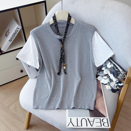 BY12335# 夏季新款丝巾假两件休闲圆领冰丝T恤天丝麻针织衫上衣女 服裝批發女裝批發服飾貨源