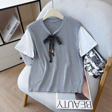 BY12335# 夏季新款丝巾假两件休闲圆领冰丝T恤天丝麻针织衫上衣女 服裝批發女裝批發服飾貨源