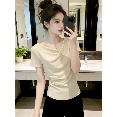 BY12338# 设计感荡领短袖t恤女夏季新款今年流行爆款修身显瘦女士上衣 服裝批發女裝批發服飾貨源
