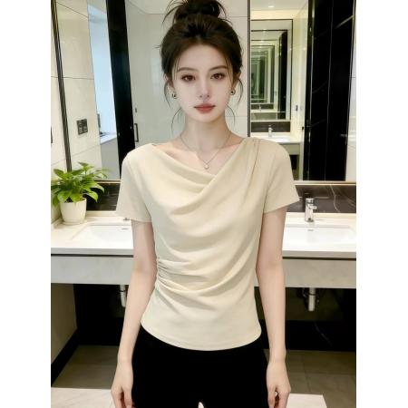 BY12338# 设计感荡领短袖t恤女夏季新款今年流行爆款修身显瘦女士上衣 服裝批發女裝批發服飾貨源