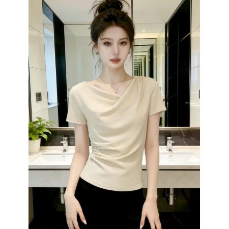 BY12338# 设计感荡领短袖t恤女夏季新款今年流行爆款修身显瘦女士上衣 服裝批發女裝批發服飾貨源