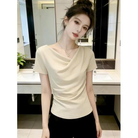 BY12338# 设计感荡领短袖t恤女夏季新款今年流行爆款修身显瘦女士上衣 服裝批發女裝批發服飾貨源