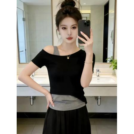 BY12339# 夏季穿搭假两件短袖t恤女装新款今年流行爆款设计感斜肩上衣 服裝批發女裝批發服飾貨源