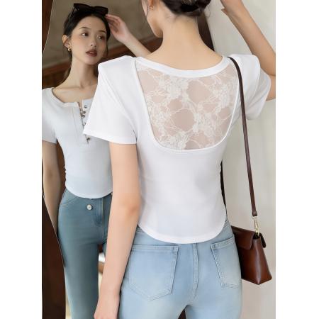 BY12342# 新款纯欲辣妹设计感胸前扣子收腰美背蕾丝拼接T恤上衣女 服裝批發女裝批發服飾貨源