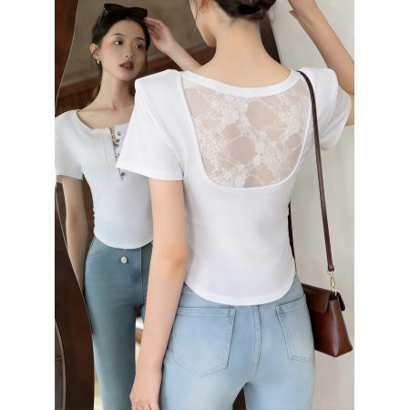 BY12342# 新款纯欲辣妹设计感胸前扣子收腰美背蕾丝拼接T恤上衣女 服裝批發女裝批發服飾貨源