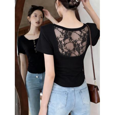 BY12342# 新款纯欲辣妹设计感胸前扣子收腰美背蕾丝拼接T恤上衣女 服裝批發女裝批發服飾貨源