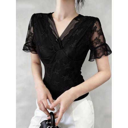 BY12343# 夏季新款拼接V领打底短袖蕾丝衫显瘦减龄透气单上衣 服裝批發女裝批發服飾貨源