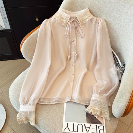 BY12344# 系带蕾丝娃娃领雪纺衫衬衫女新款春法式气质穿搭泡泡袖上衣 服裝批發女裝批發服飾貨源