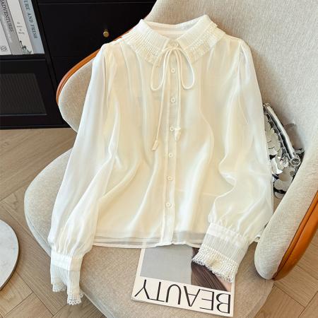 BY12344# 系带蕾丝娃娃领雪纺衫衬衫女新款春法式气质穿搭泡泡袖上衣 服裝批發女裝批發服飾貨源