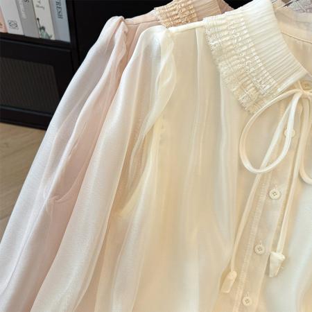 BY12344# 系带蕾丝娃娃领雪纺衫衬衫女新款春法式气质穿搭泡泡袖上衣 服裝批發女裝批發服飾貨源