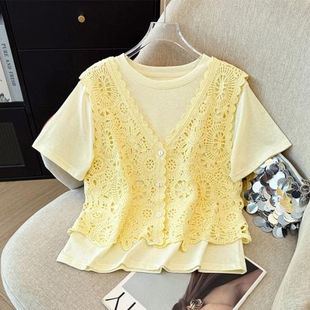 BY12345# 夏季钩花镂空V领针织开衫马甲女短袖t恤两件套上衣 服裝批發女裝批發服飾貨源