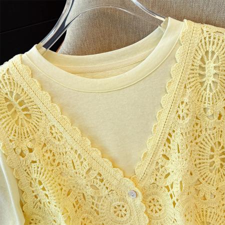 BY12345# 夏季钩花镂空V领针织开衫马甲女短袖t恤两件套上衣 服裝批發女裝批發服飾貨源