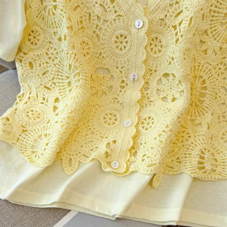 BY12345# 夏季钩花镂空V领针织开衫马甲女短袖t恤两件套上衣 服裝批發女裝批發服飾貨源