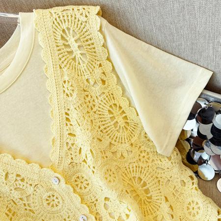 BY12345# 夏季钩花镂空V领针织开衫马甲女短袖t恤两件套上衣 服裝批發女裝批發服飾貨源