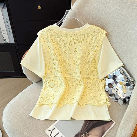 BY12345# 夏季钩花镂空V领针织开衫马甲女短袖t恤两件套上衣 服裝批發女裝批發服飾貨源