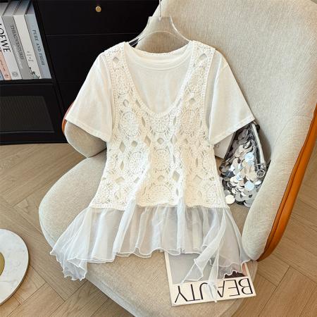 BY12346# 圆领百搭休闲短袖T恤+计感镂镂空拼接网纱背心两件套套装 服裝批發女裝批發服飾貨源
